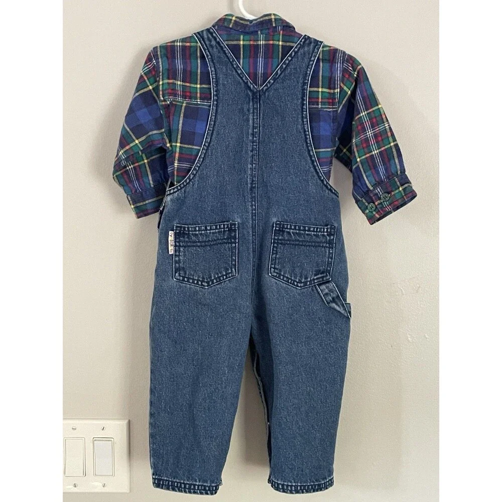 Vtg 90’s Gymboree Rainbow Tag Explore Space Overalls and Plaid Shirt Set 12-18 M
